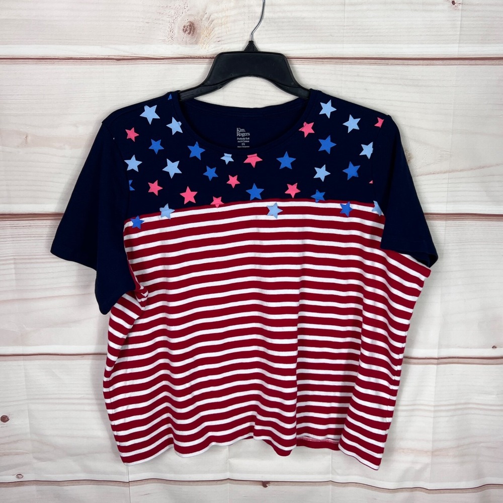 Kim Rogers Top Womens 2X Stars And Stripes Print T-Shirt Perfectly Soft Cotton